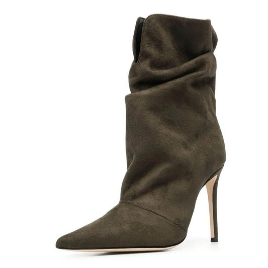 Army Green Vegan Suede Pointed Toe V-Cut Slouch Short Boots for Women