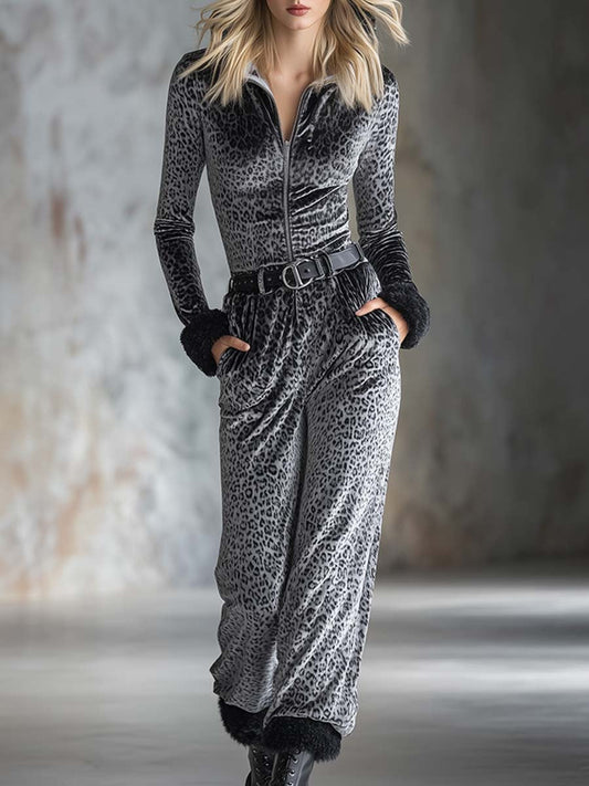 Fashionable And Casual Silver-gray Leopard Print Hooded Fur-trimmed Velvet Jumpsuit