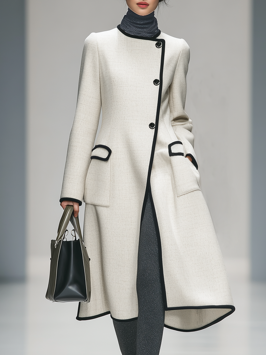 Elegant Retro Contrasting Color Edge Round Neck Long Sleeve Coat