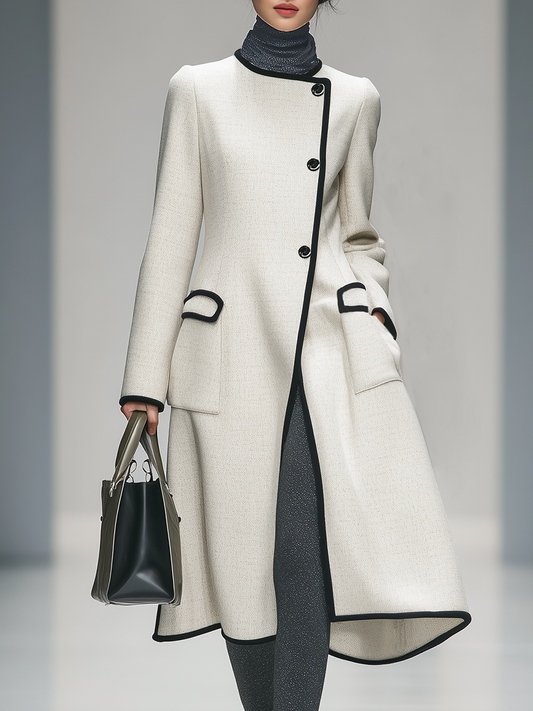 Elegant Retro Contrasting Color Edge Round Neck Long Sleeve Coat