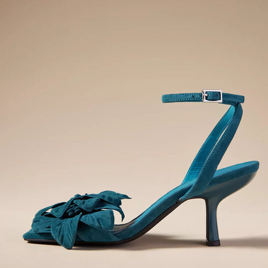 Fashion Teal Square Toe Ankle Strap Heeled Sandals with Floral Decor