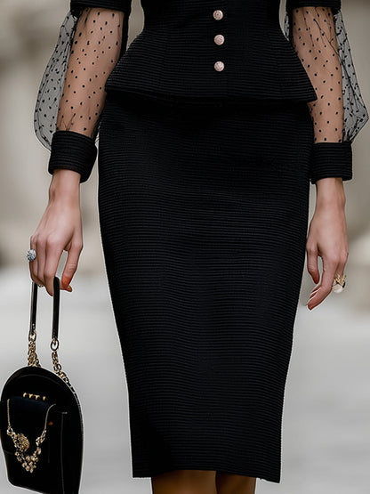 Elegant Peplum Skirt Set With Sheer Polka Dot Sleeves