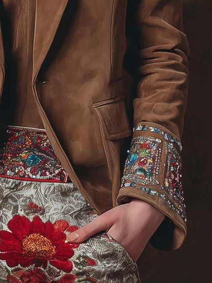 Embroidered Cuff Suede Blazer
