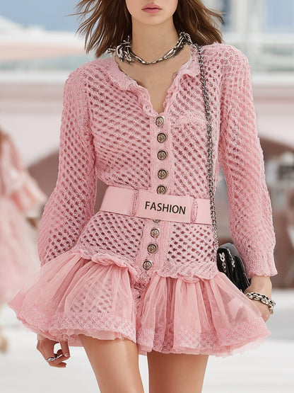 Elegant And Fashionable Button-decorated Pink Hollow Knitted Long-sleeved Mini Dress