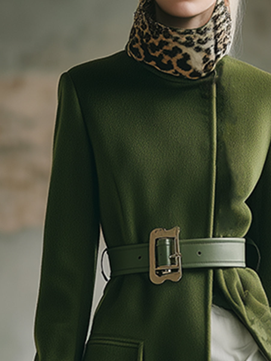 Elegant Retro Leopard Fur Collar Moss Green Wool Coat