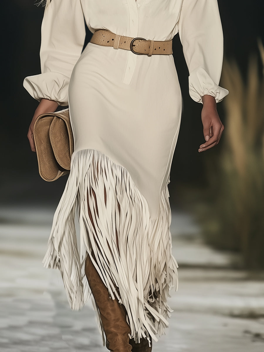 Fashion Western Beige Off-the-Shoulder Tassel Long-Sleeved Midi Dress