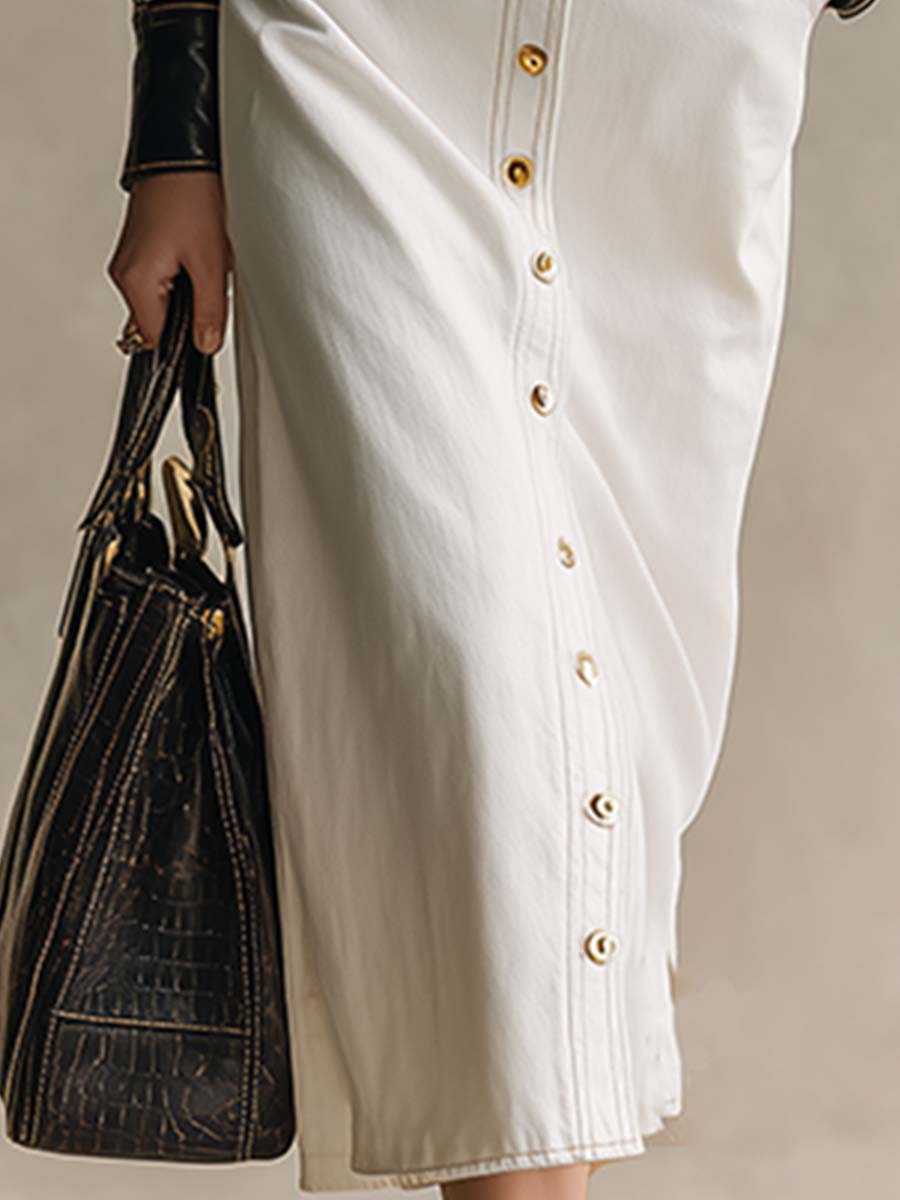 Fashionable And Elegant Leather-trimmed White Denim Button-down Maxi Dress