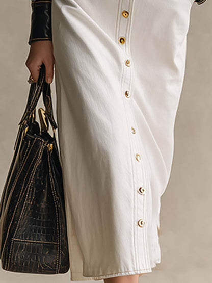 Fashionable And Elegant Leather-trimmed White Denim Button-down Maxi Dress