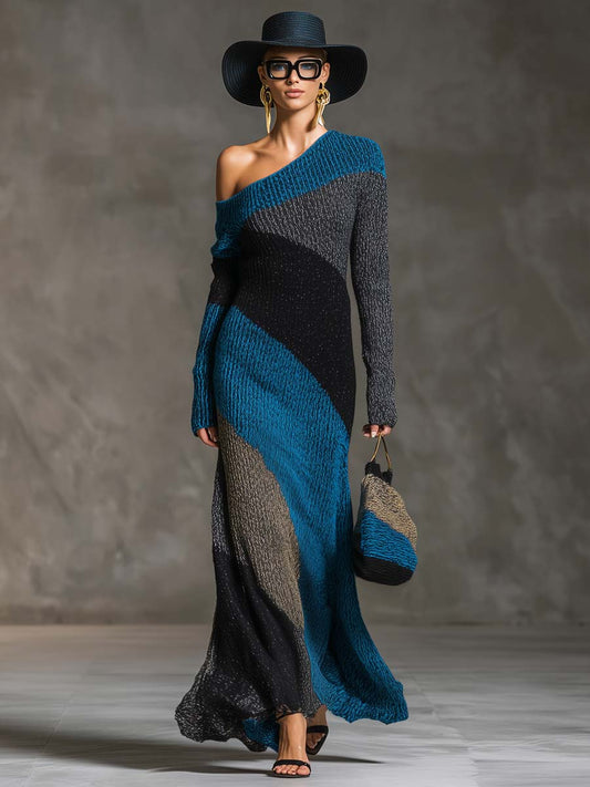 Elegant Retro One-shoulder Long-sleeved Blue Gray And Black Contrast Knitted Maxi Dress