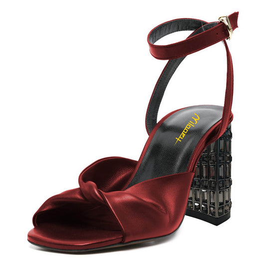 Elegant Maroon Square Toe Ankle Strap Buckle Women's Heel Sandals