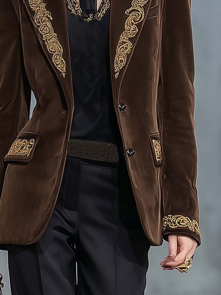 Exquisite Retro Peaked Lapel With Gold Embroidery And Brown Faux Suede X-shaped Blazer