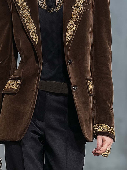 Exquisite Retro Peaked Lapel With Gold Embroidery And Brown Faux Suede X-shaped Blazer