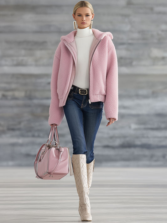 Fashion Retro Pink Polar Fleece Hooded Zip-Up Jacket