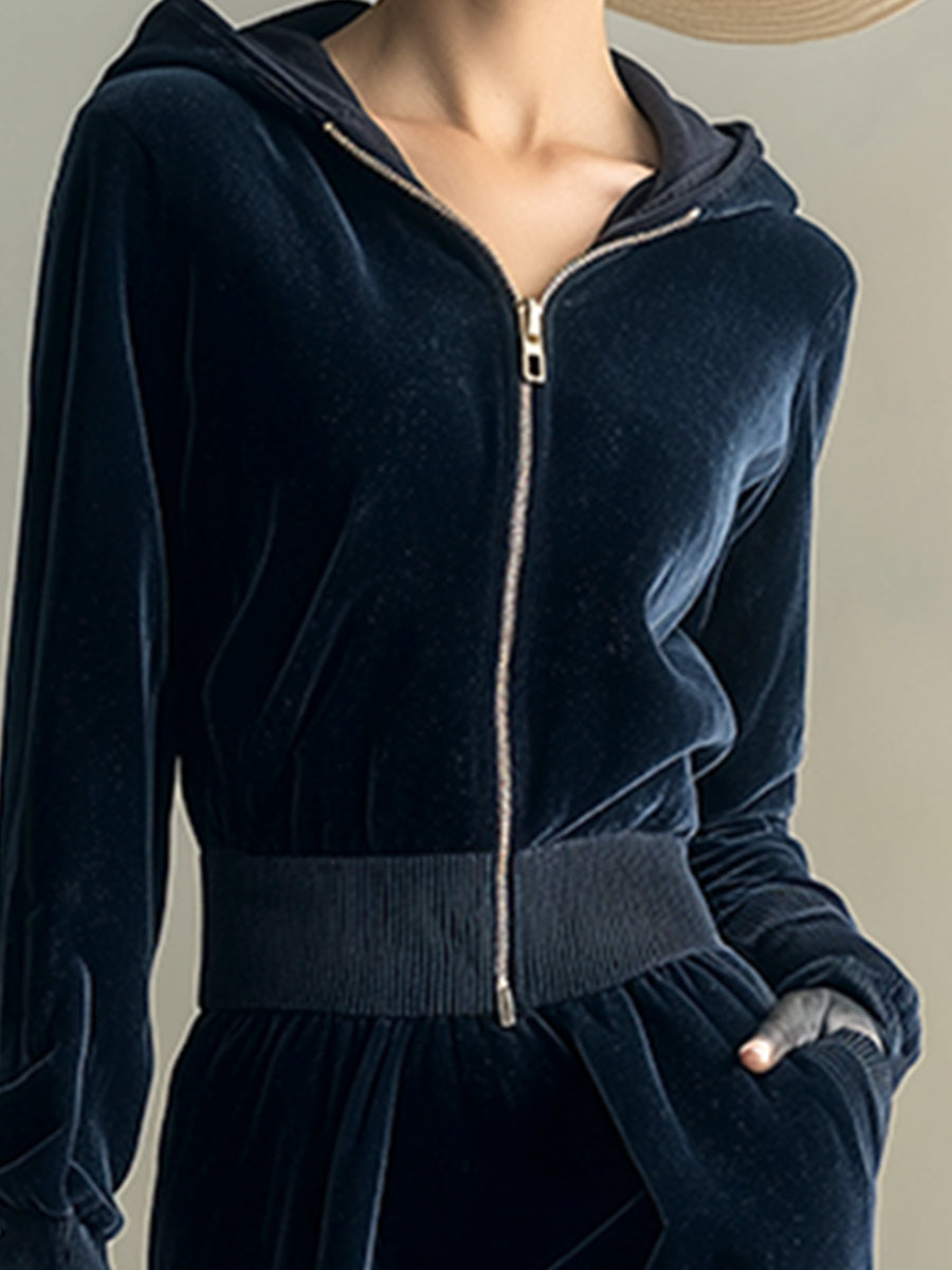 Elegant And Exquisite Dark Blue Velvet Hooded Front Zipper Long Sleeve Maxi Dress