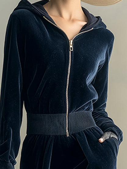 Elegant And Exquisite Dark Blue Velvet Hooded Front Zipper Long Sleeve Maxi Dress