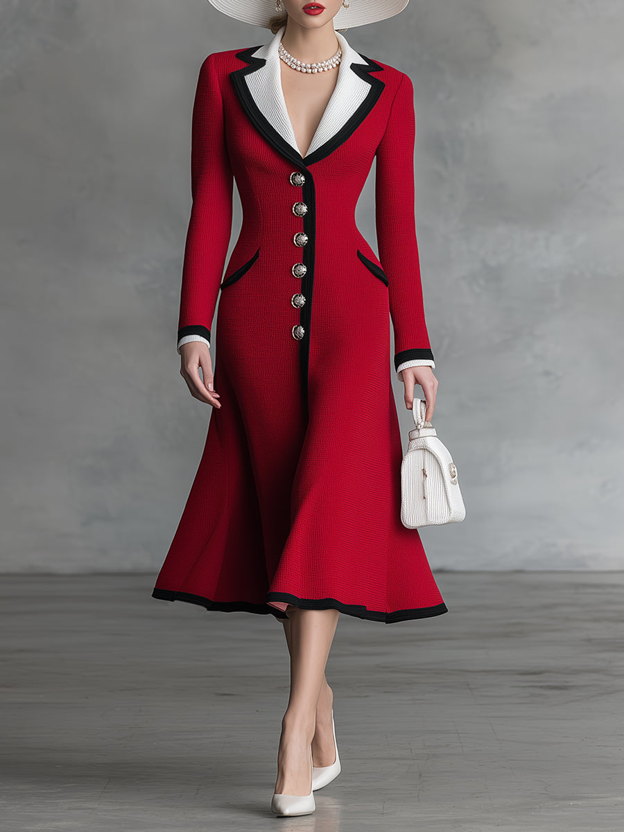 Elegant And Romantic Lapel Red A-line Knitted Midi Dress