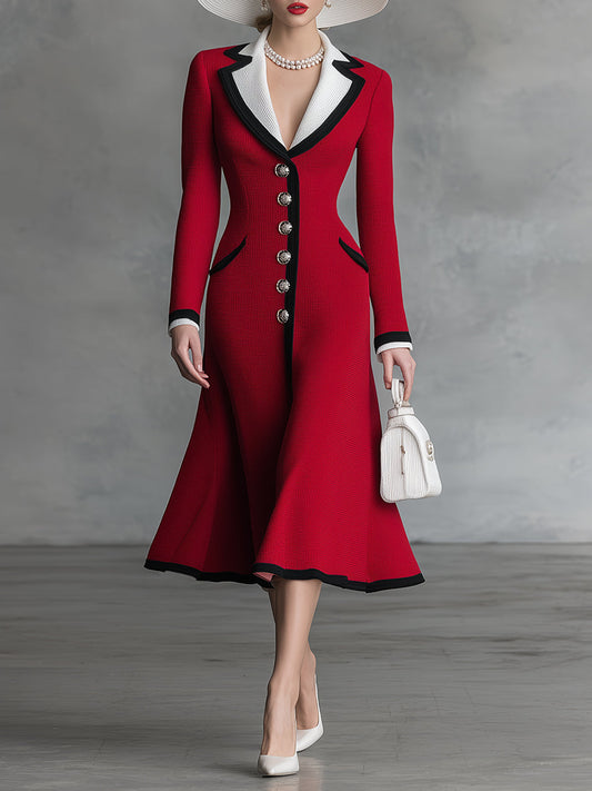Elegant And Romantic Lapel Red A-line Knitted Midi Dress