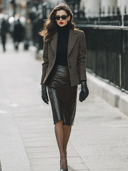Dark Brown Faux Leather Pencil Skirt With Tweed Blazer