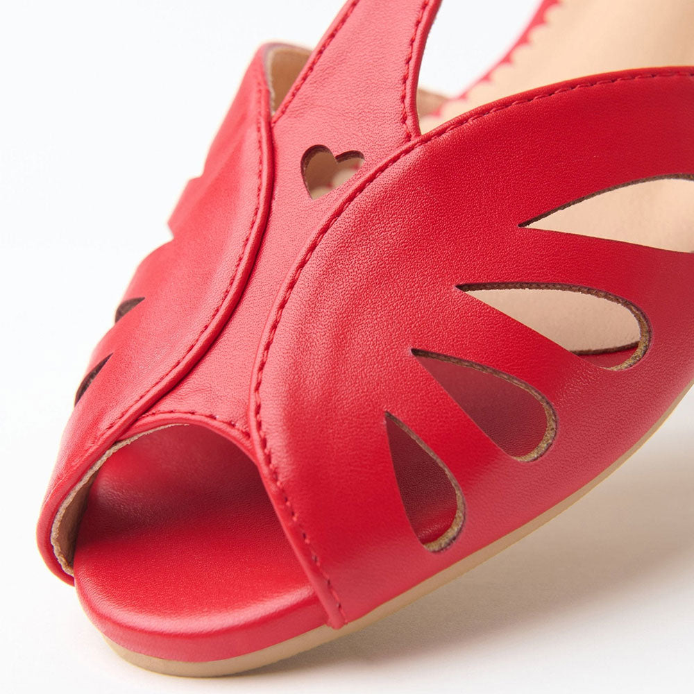 Faux Leather Peep Toe Buckle Hollow-Out Red Flat Sandals for Women