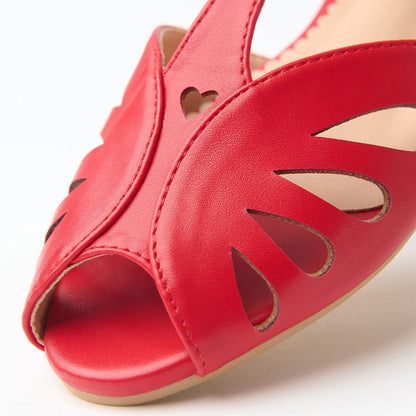Faux Leather Peep Toe Buckle Hollow-Out Red Flat Sandals for Women