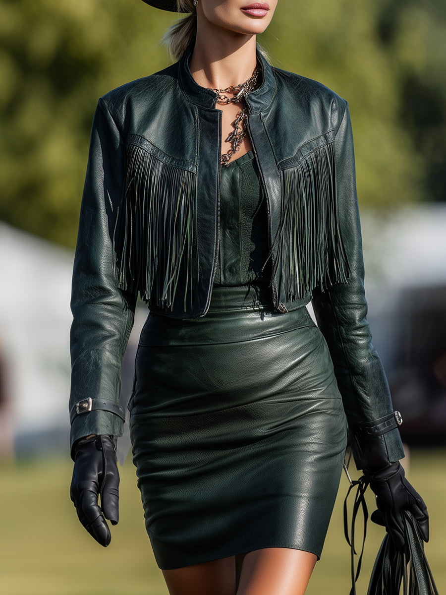 Fashionable Western Style Dark Green Faux Leather Round Neck Jacket And Tassel Skirt Set