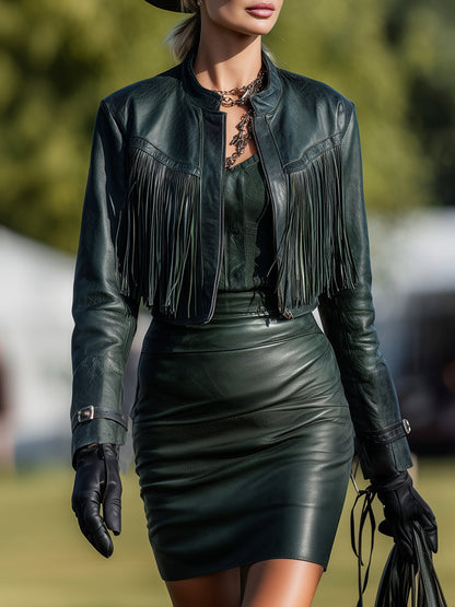 Fashionable Western Style Dark Green Faux Leather Round Neck Jacket And Tassel Skirt Set