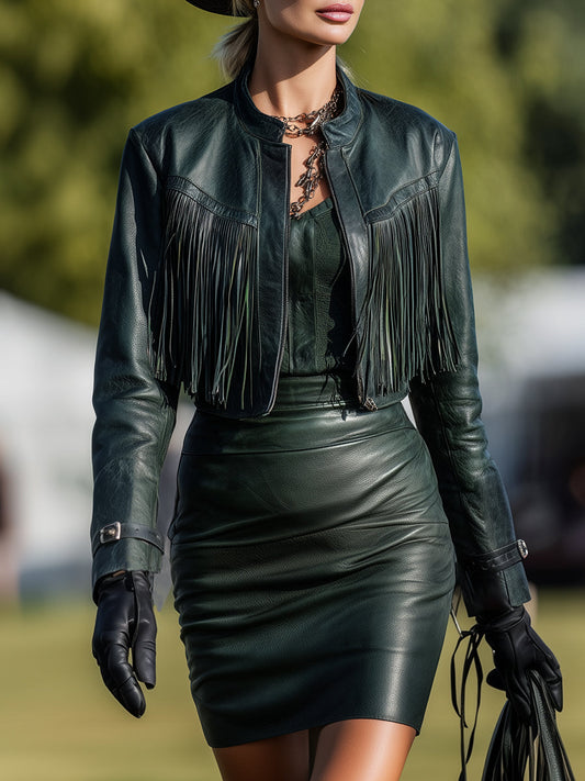 Fashionable Western Style Dark Green Faux Leather Round Neck Jacket And Tassel Skirt Set