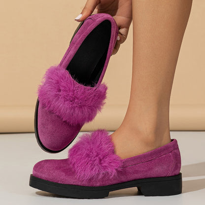 Fuchsia Vegan Suede Round Toe Fuzzy Decorated Loafer Shoes Women