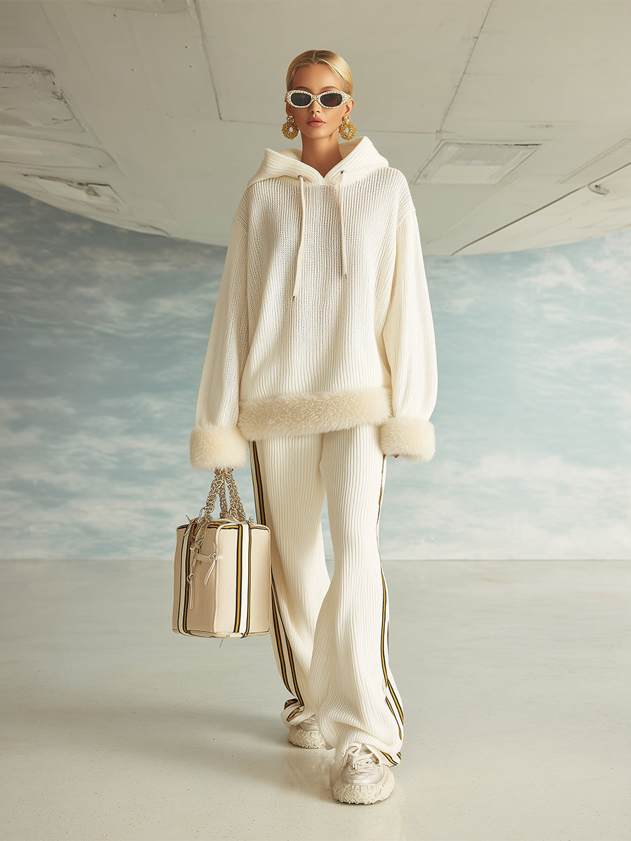 Fashionable And Casual Cream White Hooded Knitted Fur Trim Sweatshirt Wide-leg Pants Set