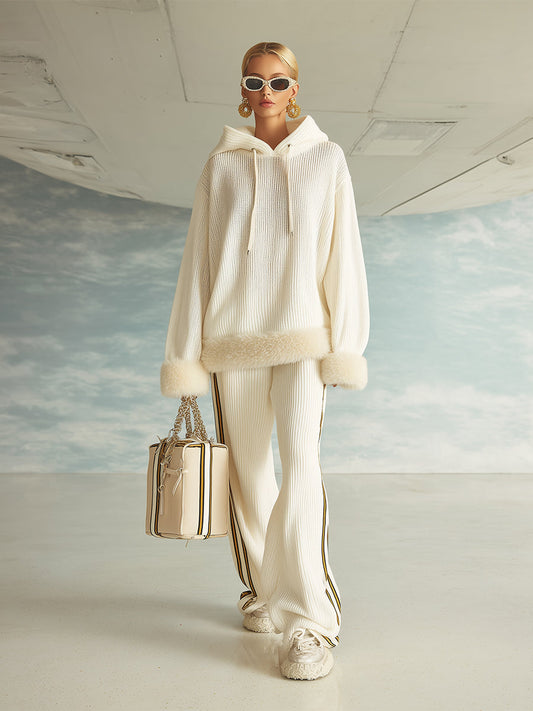 Fashionable And Casual Cream White Hooded Knitted Fur Trim Sweatshirt Wide-leg Pants Set