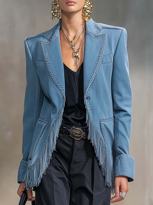 Exquisite Casual Western Style Peak Lapel Tassel Decoration Blue Denim X-shaped Blazer