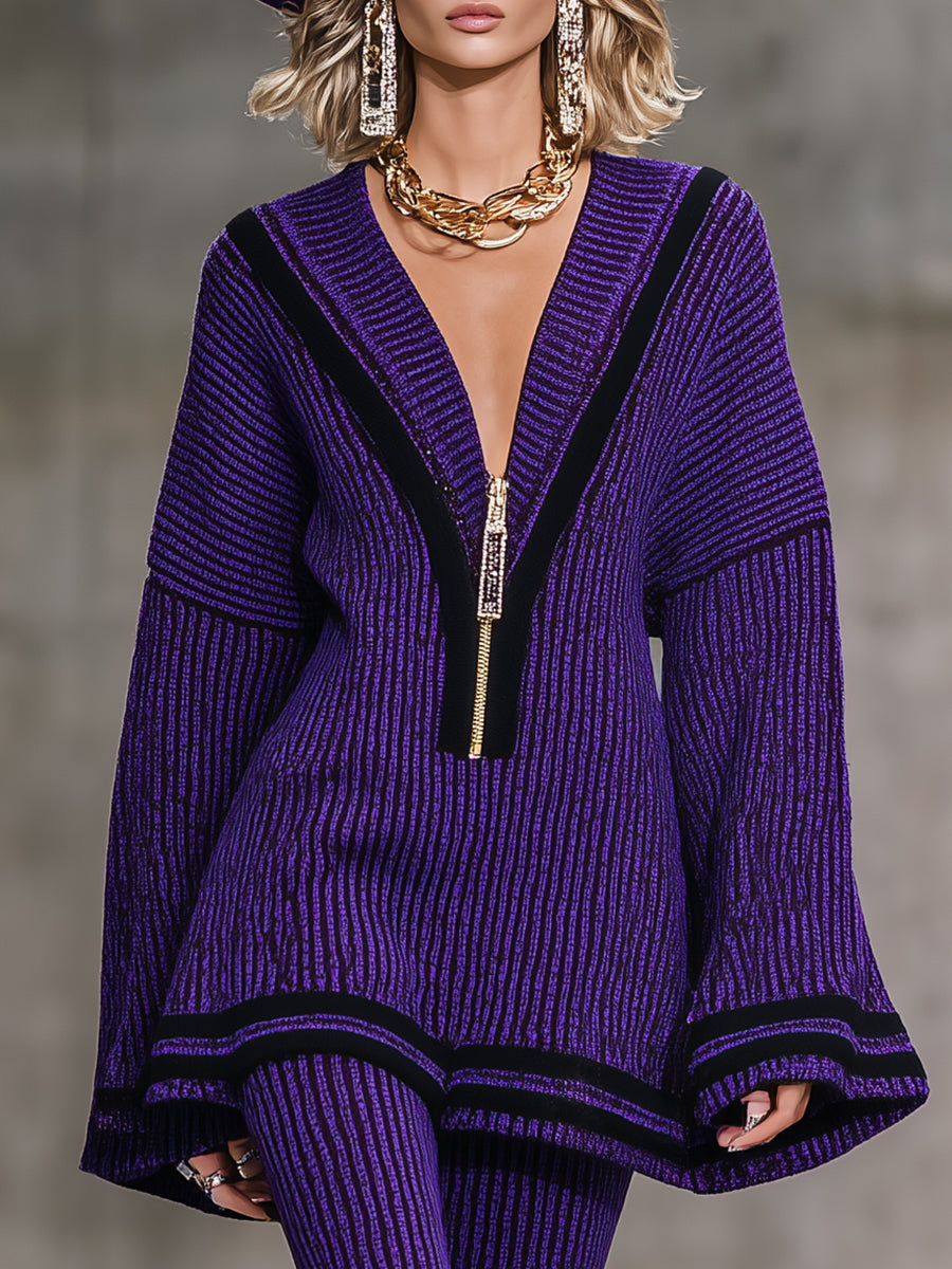 Elegant And Fashionable Half-zip Knitted Top And Flared Pants Purple Set