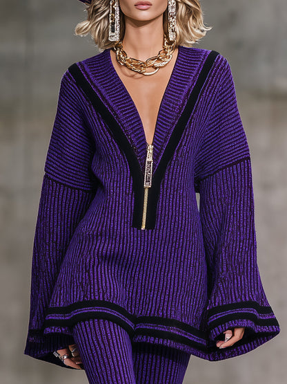 Elegant And Fashionable Half-zip Knitted Top And Flared Pants Purple Set