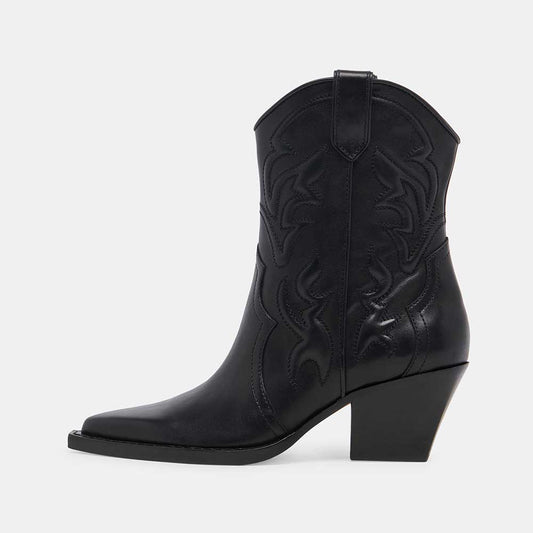 Fashion Pointed Toe Embroidered Ankle Length Cowgirl Boots in Black