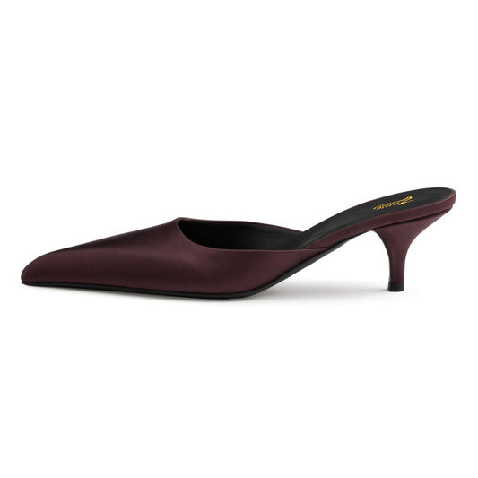 Dark Brown Satin Kitten Heel Pointed Toe Mule Shoes for Women