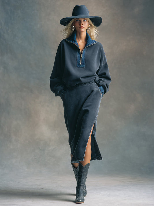 Fashionable Sports Contrast Gray Denim Loose Midi Dress