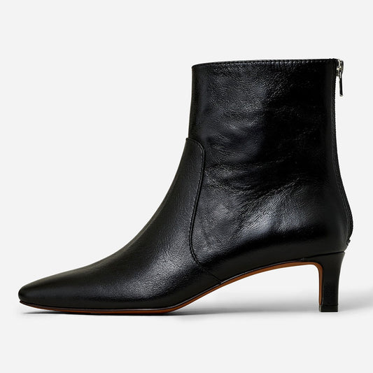 Elegant Vegan Leather Black Square Toe Kitten Heel Boots with Zipper