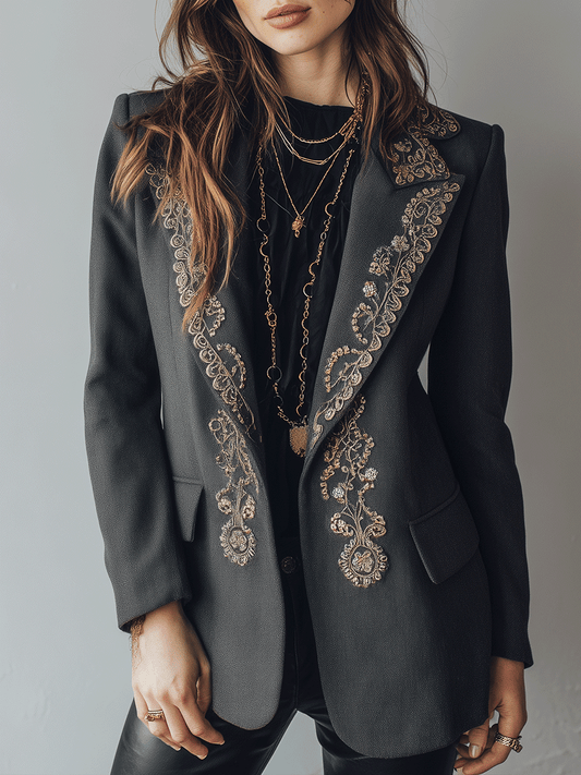 Elegant Chic Black Gold Embroidered Lapel Blazer