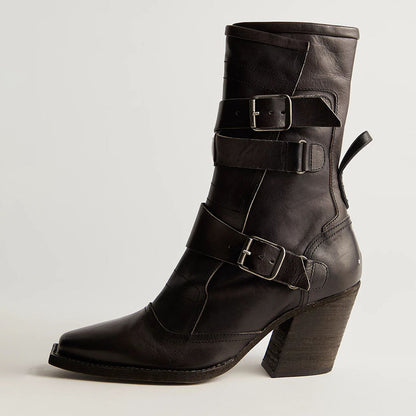 Dark Grey Snip Toe Zipper Chunky Heeled Ankle Boots with Buckle Strap