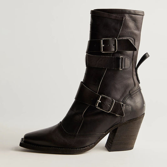 Dark Grey Snip Toe Zipper Chunky Heeled Ankle Boots with Buckle Strap