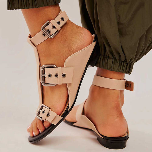 Beige Open Toe Flat Buckle T-Strap Gladiator Sandals
