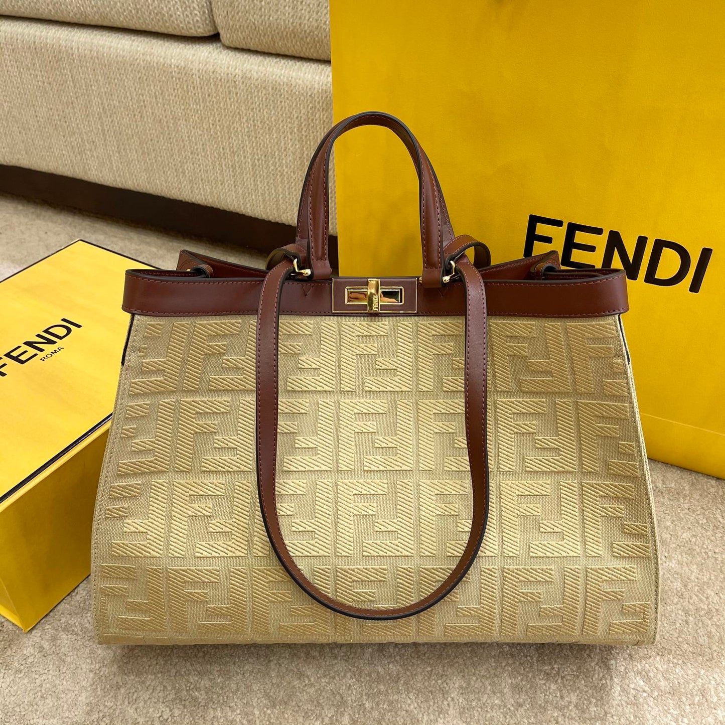 FI Peekaboo X-tote Bag Beige Canvas For Women, Handbags, Shoulder Bags 16.1in/41cm FF 8BH374