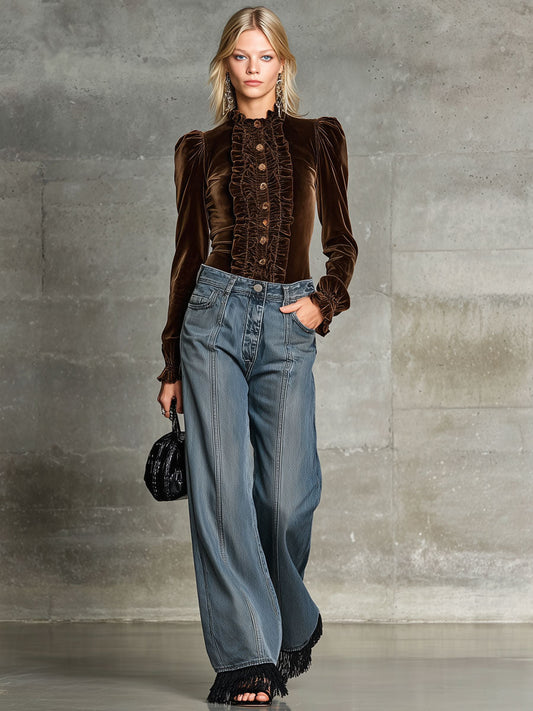 Fashionable Retro Cocoa Brown Velvet Ruffled Long-Sleeved Shirt