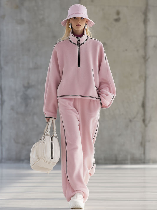 Fashionable And Casual Pink Half-Zip Top And Wide-Leg Pants Knitted Set
