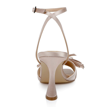 Elegant Nude Multi Bow Open Square Toe Strap Heels Sandals