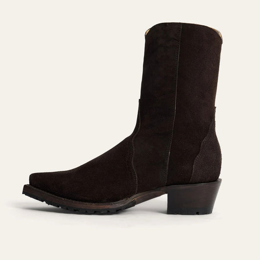 Dark Brown Snip Toe Zipper Mid Calf Cowgirl Boots with Chunky Heels