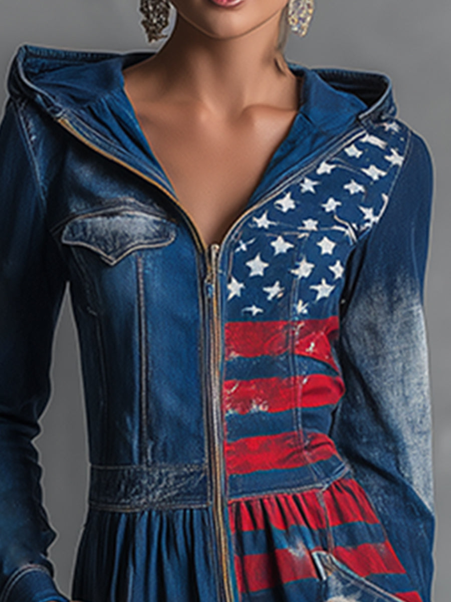 Fashionable Personalized Printed Hooded Front Zipper Blue Denim Long-sleeved Loose Jumpsuit