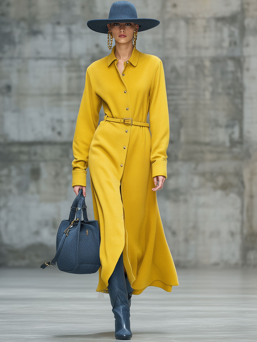 Vintage Yellow Grain Fleece Lace-Up Shirt Maxi Dress