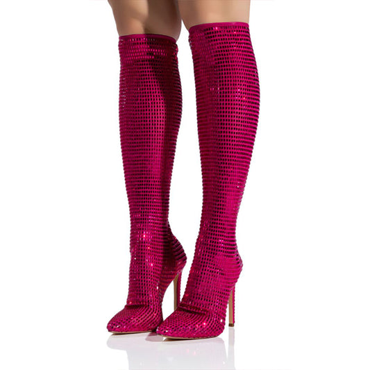 Fuchsia Pointed Toe Rhinestone Embellished Stiletto Stretch Boots