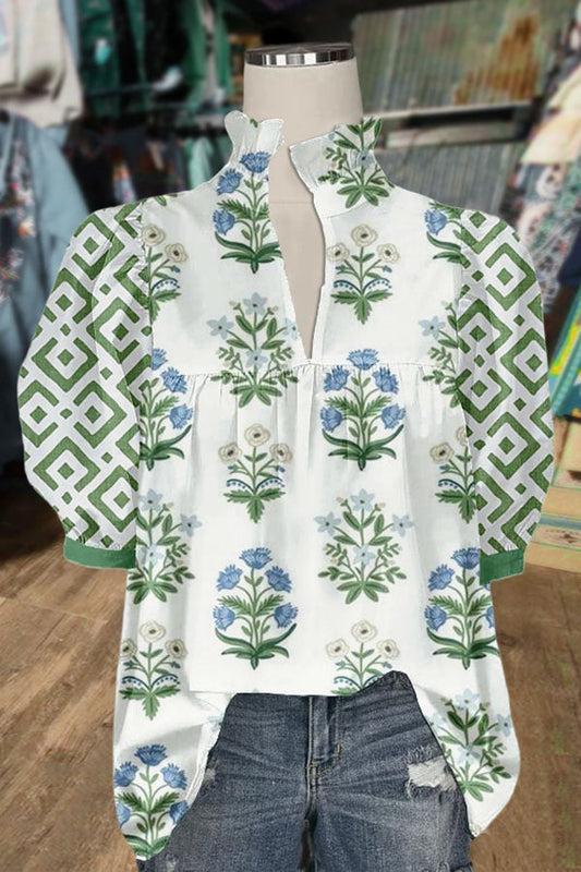 Floral Print V-Neck Geo Puff Sleeve blouse Top